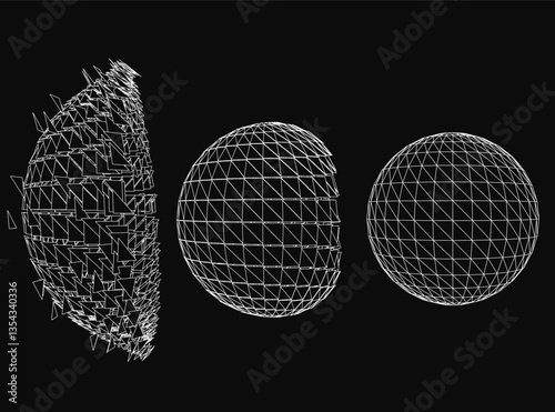 Three different images of a sphere with a black background. The first image is a close up of the sphere, the second is a side view, and the third is a top view. The images are all in black and white