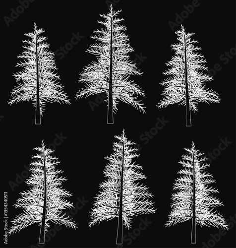 A series of six trees are drawn in black and white. The trees are all the same size and shape, and they are all standing upright. The trees are arranged in a row, with the first tree on the left