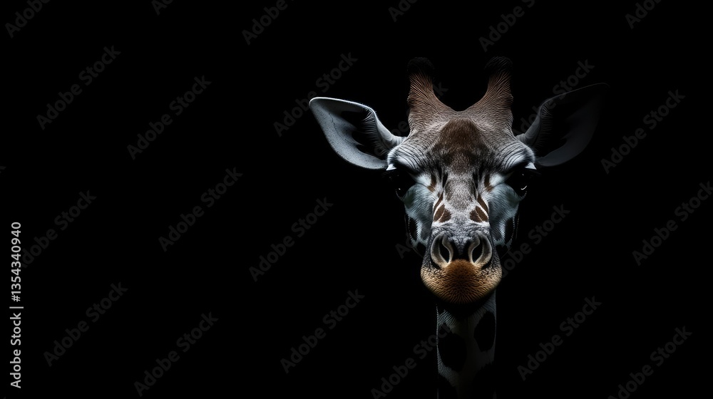 Naklejka premium Close-up giraffe head, dark background, spotlight