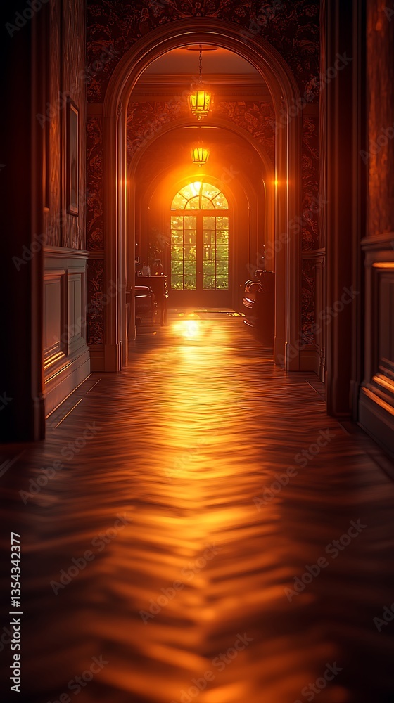 Warmly Lit Hallway with Glowing Lights and Inviting Window