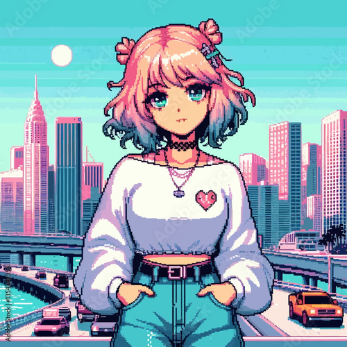 Ilustración de chicas de Miami al estilo de los 90: estampado vintage de píxeles y gráficos vectoriales EPS10. Colores vivos, atmósfera retro, emblema con diseño nostálgico inspirado en una era donde 