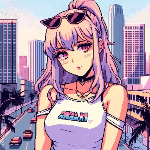 Ilustración de chicas de Miami al estilo de los 90: estampado vintage de píxeles y gráficos vectoriales EPS10. Colores vivos, atmósfera retro, emblema con diseño nostálgico inspirado en una era donde 