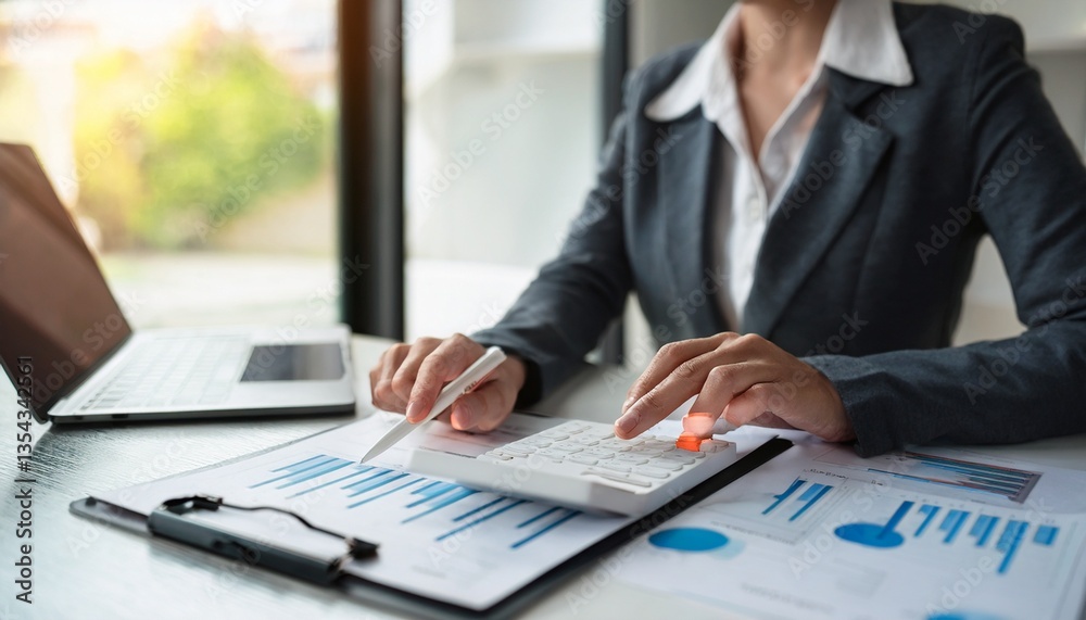 accountant calculating financial data using a calculator and tablet for analysis