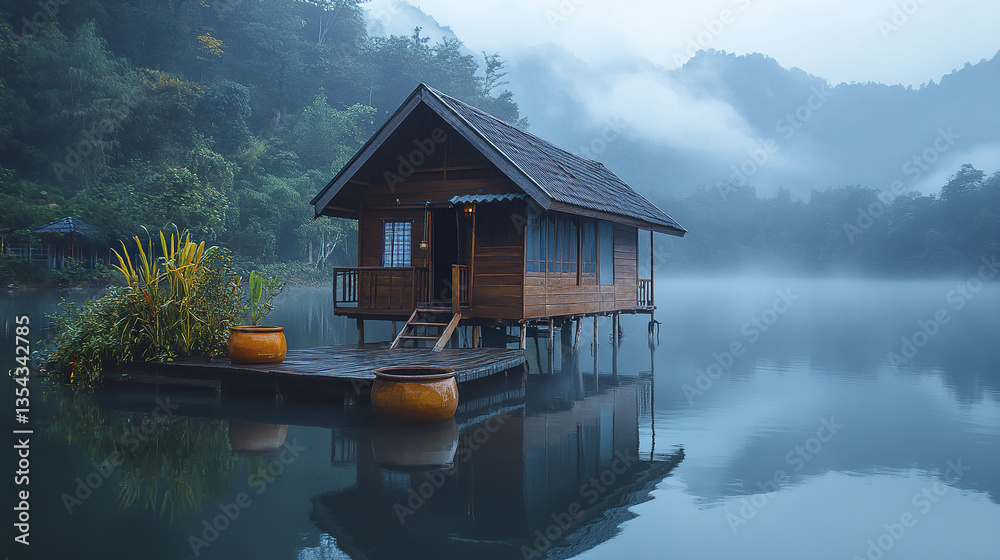 Fototapeta premium charming Thai wooden home on serene lake with misty mountains
