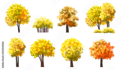  Vector watercolor blooming flower tree or forest side view isolated on white background for landscape and architecture drawing,elements for environment or and garden,green tree for garden section 