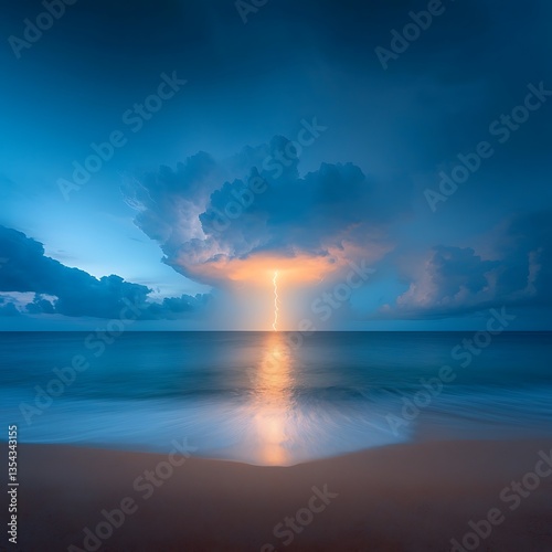 Tropical beach lightning storm sunset.