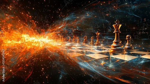 Cosmic Chessboard fiery energy surge across a chess game.