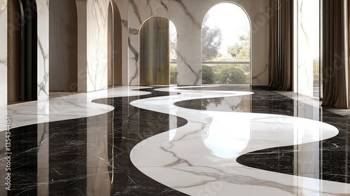 A floor design with large, flowing arches and curves, rendered in a luxurious combination of black and white marble for a classic, elegant look.