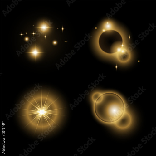 A collection of glowing golden light effects, including sparkles, bursts, and abstract luminous elements on a dark background. Perfect for fantasy designs, magical themes, cosmic visuals, and decorati