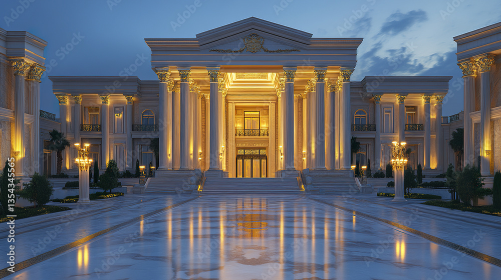 Obraz premium grand Roman inspired palace with illuminated columns at dusk