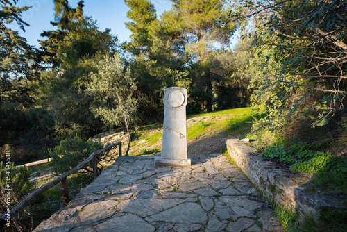 Memorial dedicated to Kaiti Argyropoulou at Kesariani aesthetic forest on mountain Hymettus (Ymittos) photo