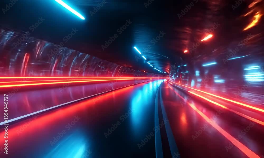 Abstract neon light trails moving through a dark tunnel at high speed animation