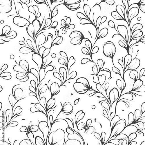 Black and white drawing of flowers and leaves. The flowers are small and the leaves are large. The drawing has a very simple and elegant style