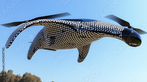 A futuristic drone hovering in a clear blue sky with a black and white hounds tooth pattern on its body.