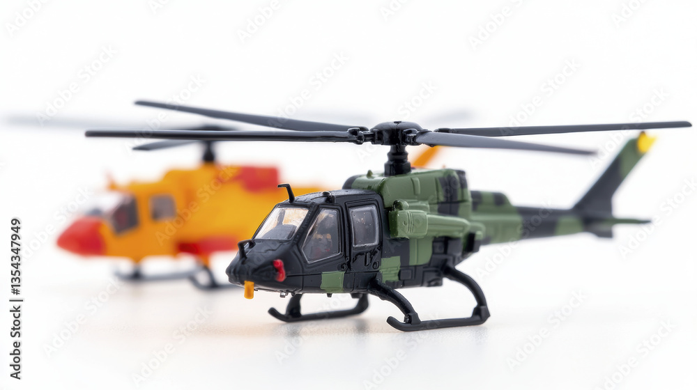 Two toy helicopters, one green and black, other red and yellow, showcasing intricate details and design Two toy helicopters, one green and black, other red and yellow, showcasing intricate details and design