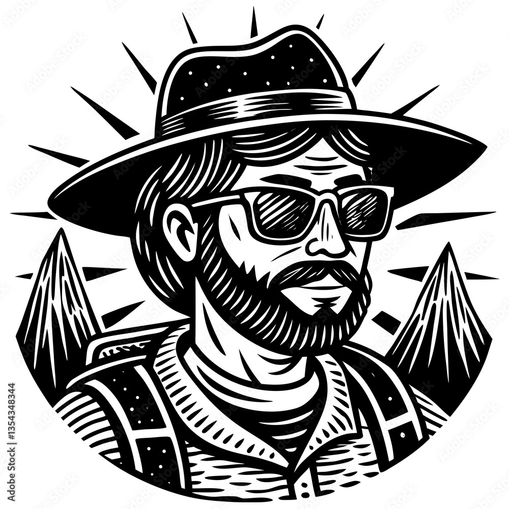 a person, with a hat and sunglasses, standing with a backdrop of mountains, a picture for travel a person, with a hat and sunglasses, standing with a backdrop of mountains, a picture for travel
