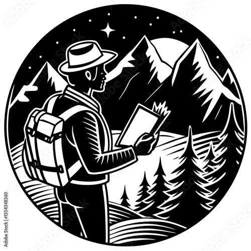 an adventurer person exploring a scenic mountainous landscape, holding a map, with a backpack, with silhouette style. The scene is rendered in black and white, highlighting the journey through nature.