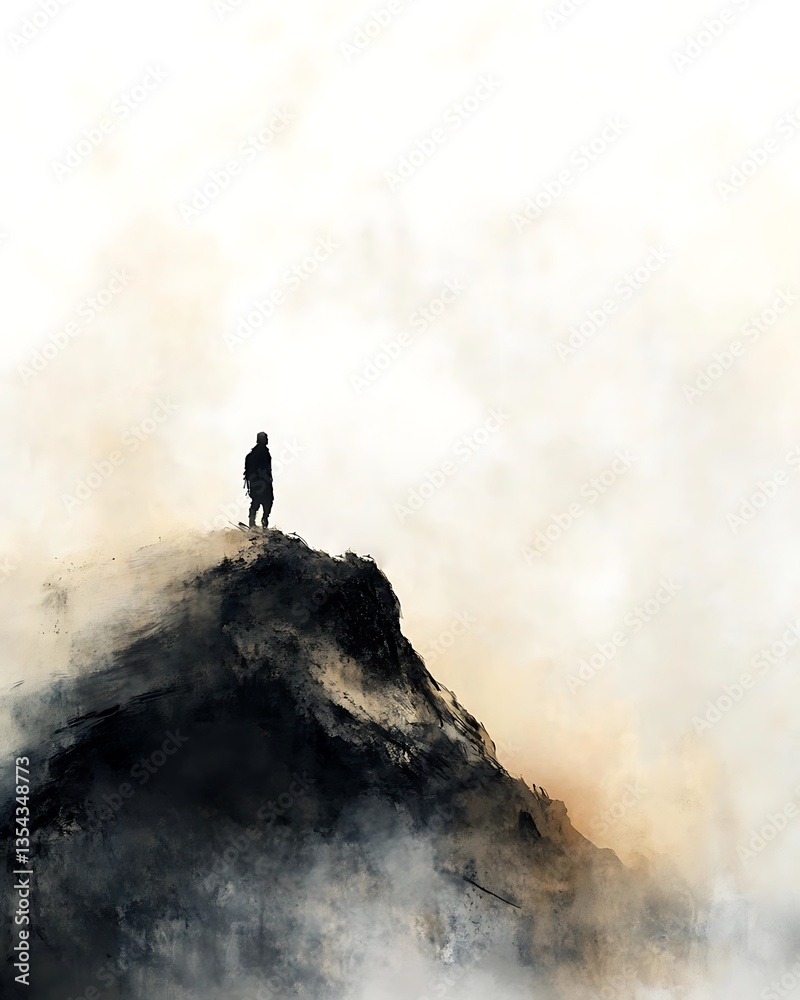 Obraz premium Silhouette Man on Peak Rocky Mountain Top, Dark Grunge Edge, Hazy Sky, Adventure