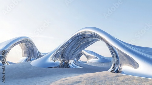 Curves and arches made of shiny metallic materials resemble a strange desert in this futuristic world of wavy, undulating structures.