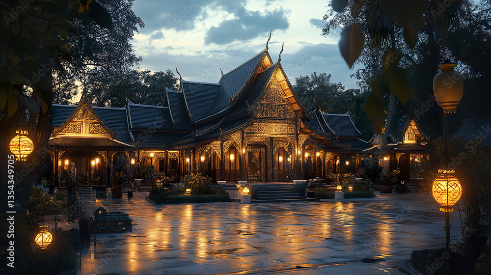 Obraz premium grand Thai Lanna style house with sloping roofs illuminated at dusk
