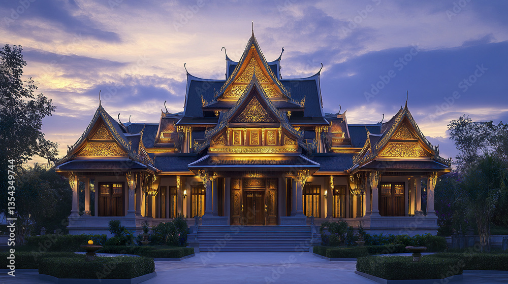 Naklejka premium grand Thai temple inspired house with towering roof at dusk