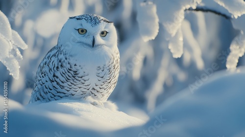 Snowy Owl perched on snow-covered branch in winter forest
