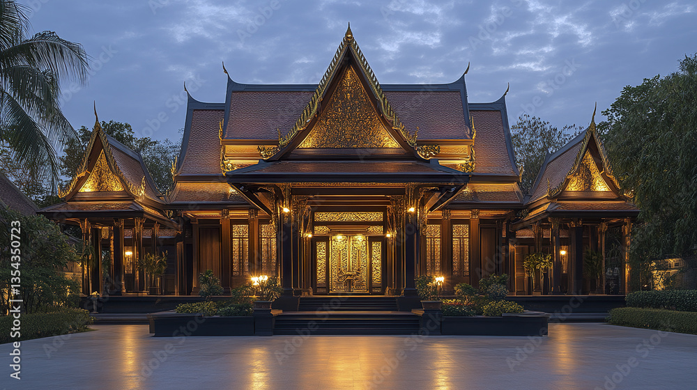 Fototapeta premium Traditional Thai residence with decorative gold accents at dusk