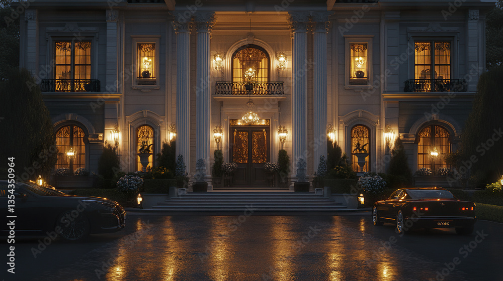 Fototapeta premium Elegant mansion with grand pillars and luxury cars at night