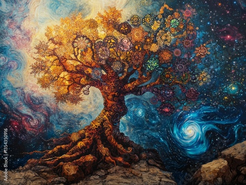 A vibrant cosmic tree bridges earthly roots and celestial realms.