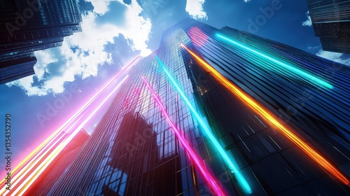 Rapid flashes of multicolored lasers across a futuristic skyscraper's facade create a high-energy spectacle.