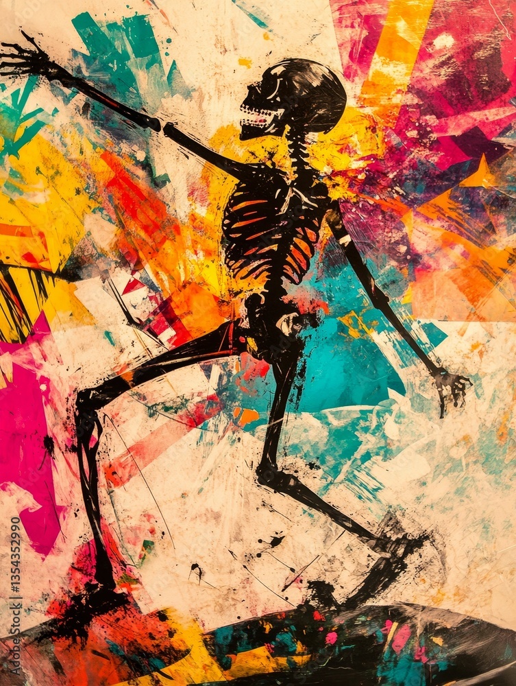 Fototapeta premium Dancing skeleton with vibrant chaotic background.