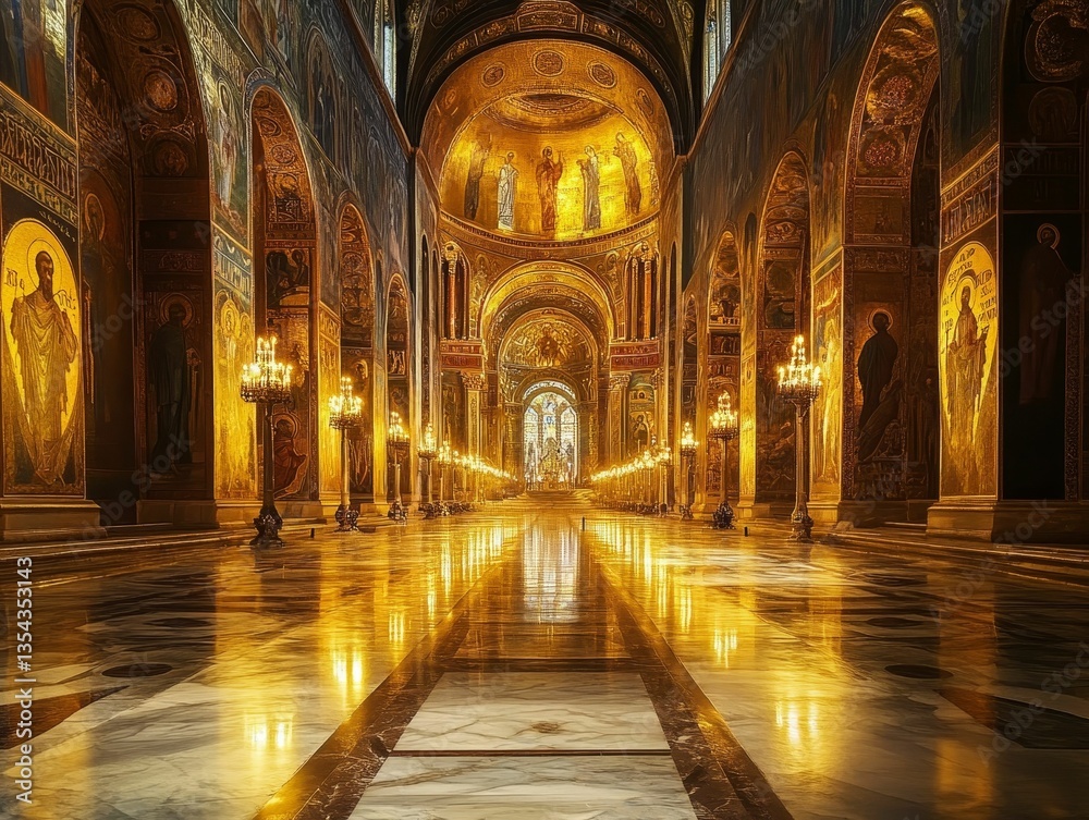 Golden light bathes ornate cathedral interior, illuminating holy figures. Golden light bathes ornate cathedral interior, illuminating holy figures.