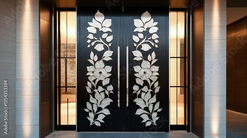 A grand entrance featuring a large, luxurious door made of black wood timber with intricate silver inlays in an elegant floral pattern.