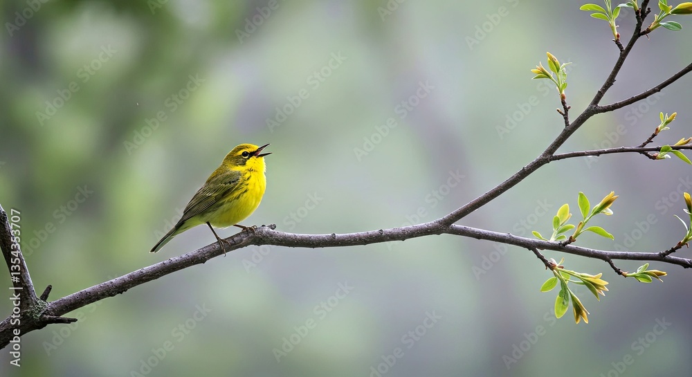 Obraz premium A Golden-Cheeked Warbler Singing in the Morning Mist of a Texas Forest 