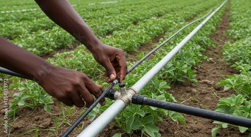 African Farmer Adjusting Irrigation System in Lush Green Field