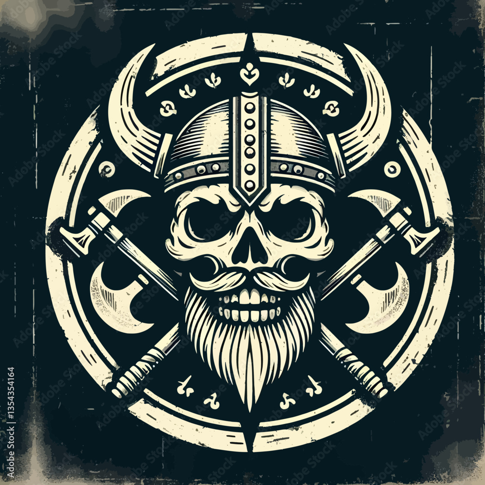 Ilustração de vikings em estilo vintage grunge, criada como emblema em gráficos vetoriais EPS10, combina a textura áspera da antiguidade com linhas nítidas, criando uma imagem poderosa dos guerreiros 