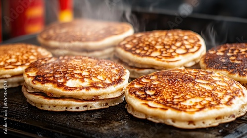 Food and drink dessert street food concept. Golden pancakes sizzling on a hot griddle, steaming and delicious.