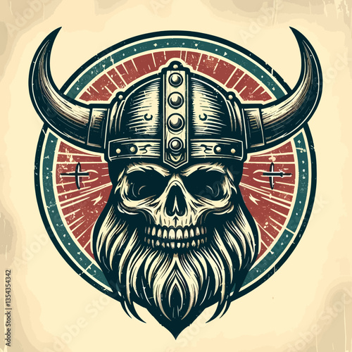 Illustration von Wikingern im Vintage-Grunge-Stil, gestaltet als Emblem in EPS10-Vektorgrafik, kombiniert die raue Textur der Antike mit scharfen Linien und schafft ein kraftvolles Bild der Krieger de