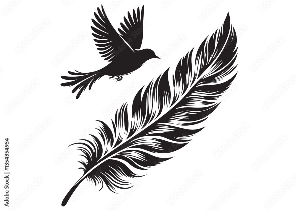 Obraz premium vector silhouette of a feather with flying bird logo, feather with flying bird logo icon, feather with bird logo design black animal, black feather with flying bird silhouettes on white background