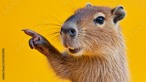 Portrait of funny happy capybara. Pointing index finger to the side on isolated yellow background.