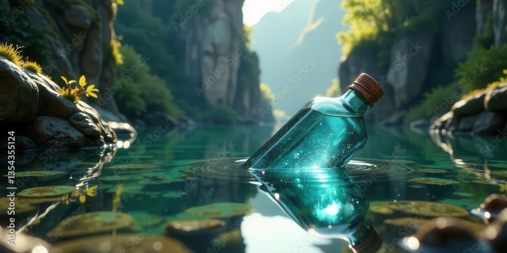 Fototapeta premium A teal glass bottle floats serenely on a calm, reflecting river, nestled amidst tranquil, verdant foliage and rocky banks, creating a serene and mysterious atmosphere.