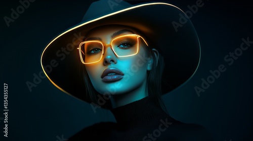 Portrait of female fashion model wearing futuristic hat and glasses glowing neon on dark studio