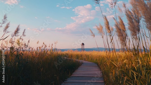 Sunset Stroll: Serene Path Through Golden Grasslands