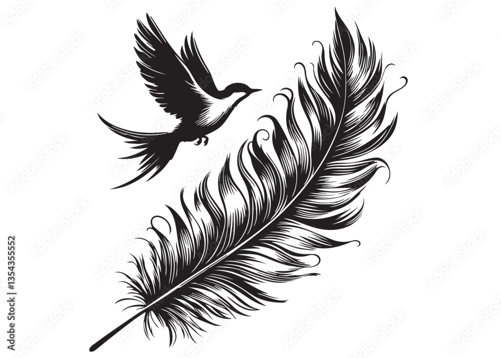 Obraz premium vector silhouette of a feather with flying bird logo, feather with flying bird logo icon, feather with bird logo design black animal, black feather with flying bird silhouettes on white background