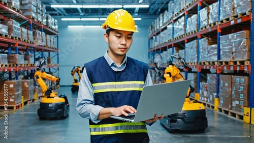 Asian Warehouse Worker with Laptop Overseeing Automated Robot System