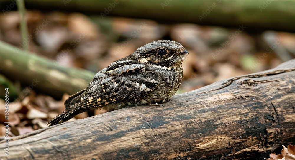Obraz premium A Nightjar Camouflaged Against a Fallen Log in an Ancient Woodland-