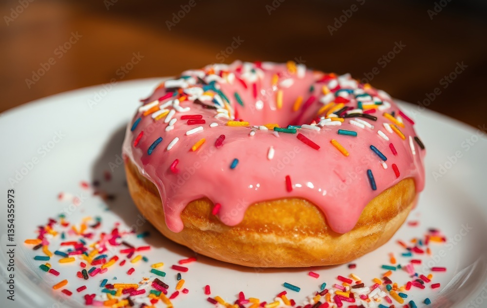 Colorful Sprinkled Donut with Pink Frosting on a Plate Colorful Sprinkled Donut with Pink Frosting on a Plate