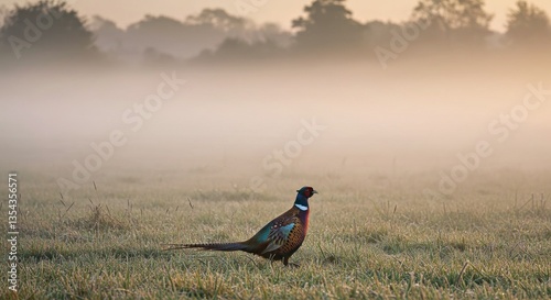 A Pheasant Strutting Through a Foggy English Field at Dawn-