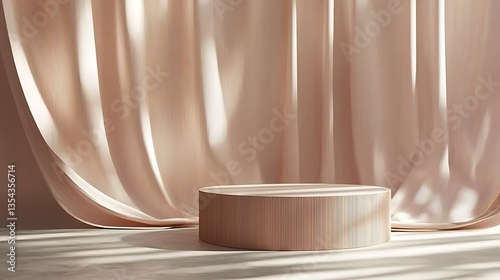 Minimalist product display with beige cylindrical podium and draped fabric backdrop.