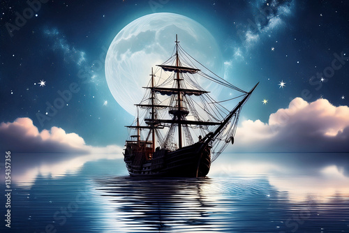 Old sailing ship against the backdrop of a large moon.